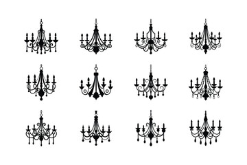 Twelve Chandeliers Silhouettes in Black on White Background