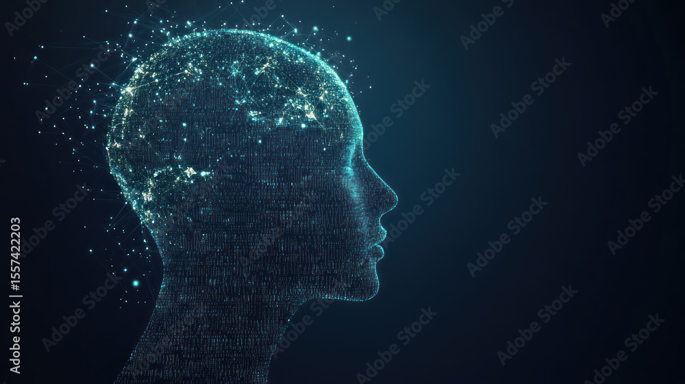 Fototapete a digital profile of a human head, designed with code and network graphics. it represents the future