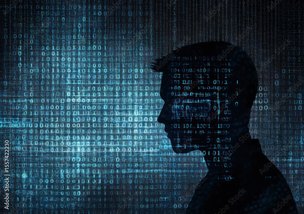 Fototapete a digital profile of a human head, designed with code and network graphics. it represents the future