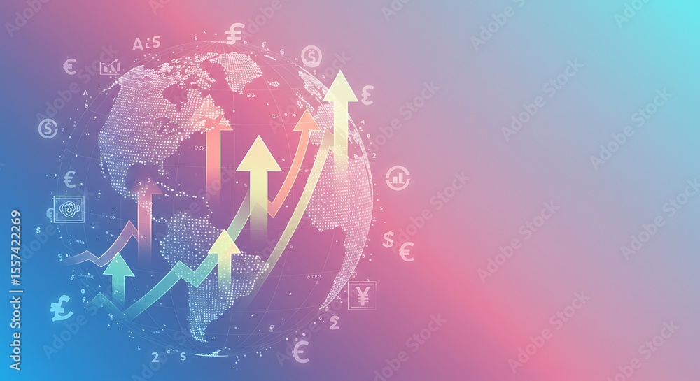 Poster abstract digital world globe with upward trending arrows and currency symbols on a gradient backgrou