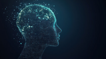 A digital profile of a human head, designed with code and network graphics. It represents the future of technology and artificial intelligence, focusing on the human-machine interface.