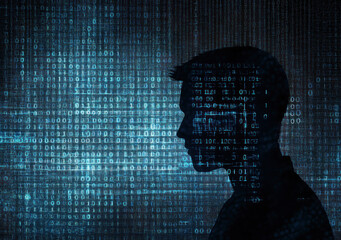 A digital profile of a human head, designed with code and network graphics. It represents the future of technology and artificial intelligence, focusing on the human-machine interface.