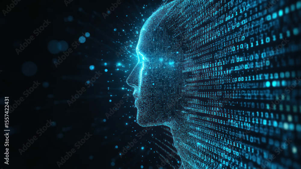 Fototapete a digital profile of a human head, designed with code and network graphics. it represents the future