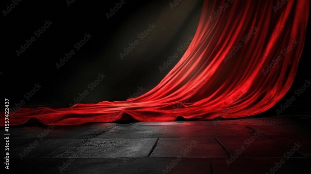 Poster dramatic red curtain draped on stage in low-angle shot, creating empty scene