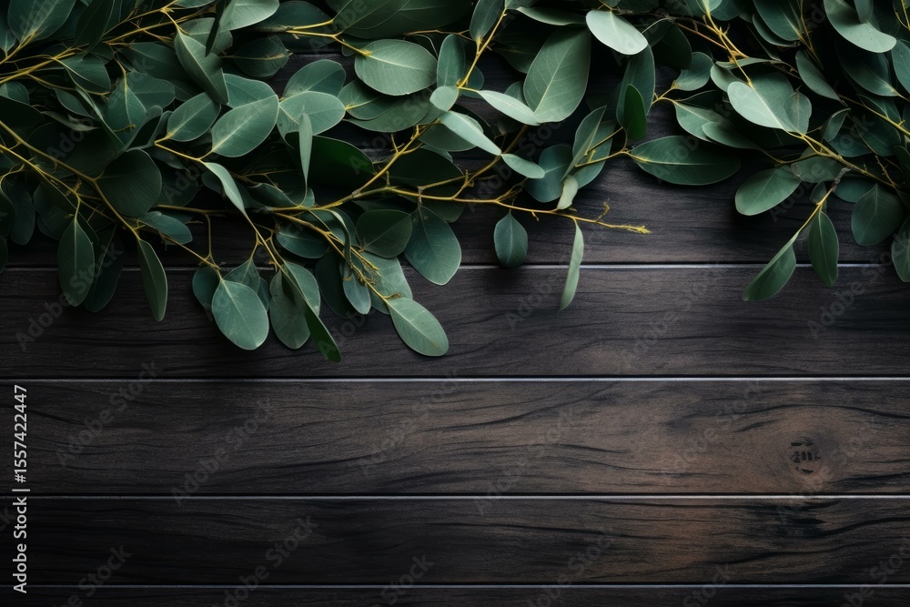 Poster eucalyptus branches arranged on a dark wooden surface, creating a natural border with copy space