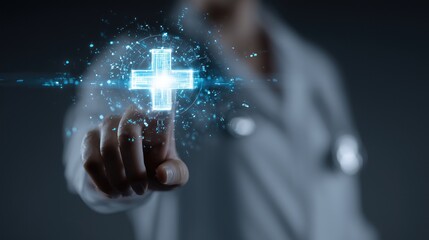 Doctor Interacting with Digital Medical Cross Symbol in Futuristic Healthcare Interface