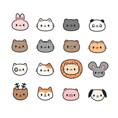 Cute hand drawn animals face cartoon doodle collection set, Various animals head cartoon clipart design