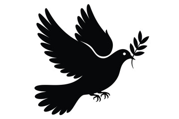 Obraz premium Black Dove Silhouette with Olive Branch in Flight on White Background
