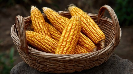 A wicker basket filled with ripe dried maize cobs is captured in crisp detail, showcasing the rich golden tones and the charm of harvest season.
