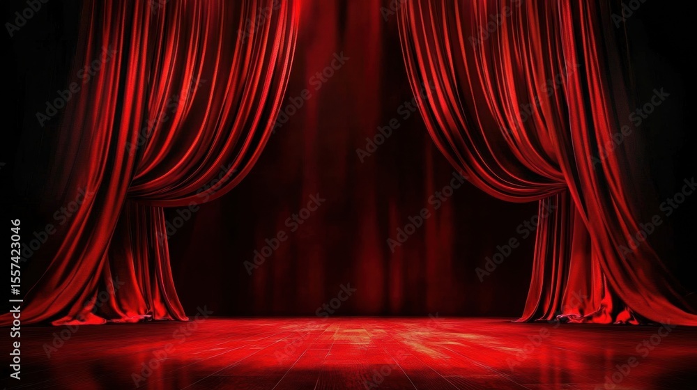 Poster grand red curtain on illuminated stage: rich layers creating dramatic empty scene