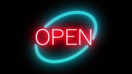 Open neon sign animation with red and cyan color on black background.