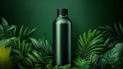 Green water bottle surrounded by leaves in modern minimalist design Cream jar, moisturizing lotion, shampoo