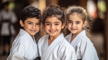 Fototapeta premium Group of happy, confident young children in karate uniforms posing young, beautiful, successful multi ethical kids