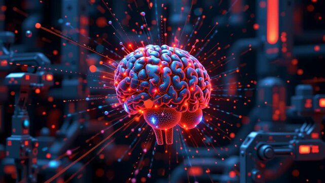 Digital brain glowing neural network with vibrant red blue lights futuristic technology connection digital energy sparks advanced network
