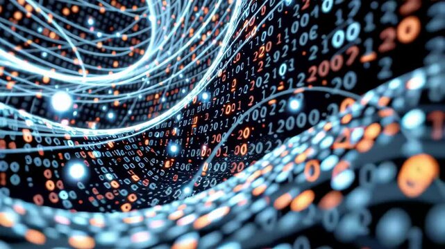 Digital data stream with glowing numbers and binary code, flowing light trails creating futuristic technology concept with dynamic motion and vibrant