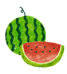 半分にカットしたスイカのイラスト　クレヨンタッチ