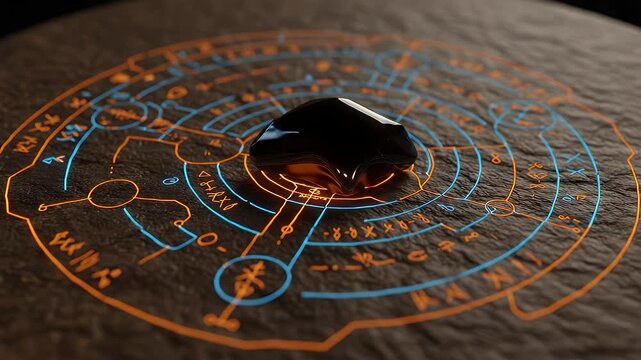 Dark, glossy object rests on a surface with glowing, circular, arcane markings