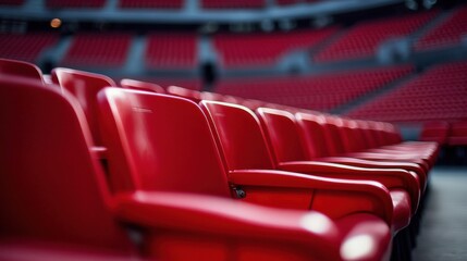 Fototapeta premium Neatly arranged row of red plastic chairs in a stadium empty seats