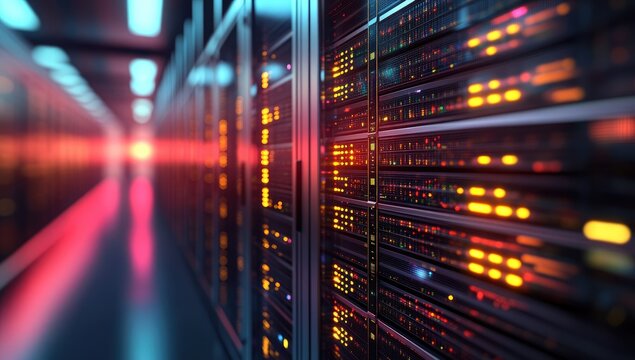 Server room with glowing, illuminated server racks