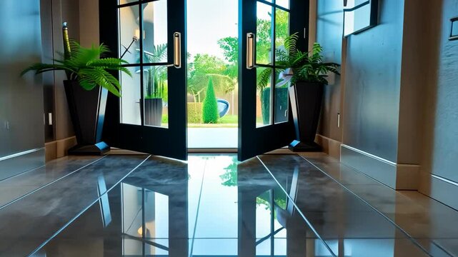 Opening doors of a modern hotel or private home, hospitality or new beginnings. Real estate, tourism, hospitality, home, lifestyle concept