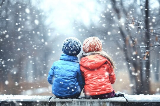Peaceful winter scene with two kids on bench in snowy walk the park first