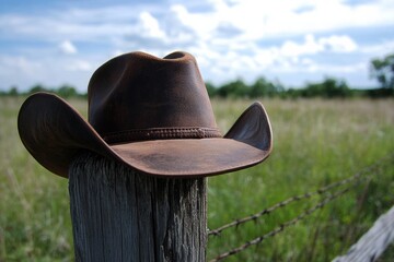 Serene scene of a brown leather cowboy hat on rustic fence
