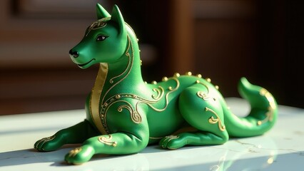 Fototapeta premium A vibrant green dog figurine adorned with gold accents, perfect for Lunar New Year decor.