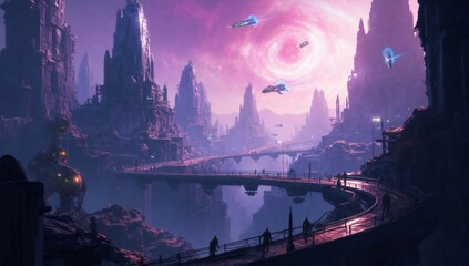 Futuristic city landscape with elevated walkways, towers, and flying vehicles under a swirling sky
