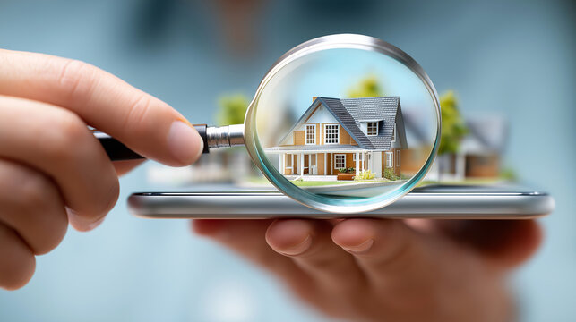 Hand mit Lupe betrachtet Miniaturhaus auf Tablet f&uuml;r Immobilien- oder Investitionskonzept