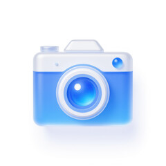 A 3D rendered icon of a blue camera. The camera is simple, modern, and minimalist in design, making it perfect for use in apps or websites.