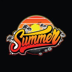 Typography vibrant summer t-shirt design. Retro beach vibes and tropical fun with plam trees, sunset, birds and gradient color Custom black t-shirt design. Vector illustration.