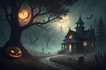 Spooky halloween night scene with a glowing jack o lantern a haunted church a full moon bare trees and a flying bat