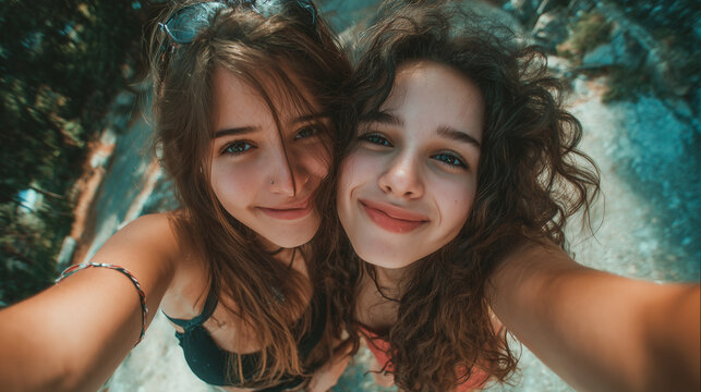 Two best friends making a selfie outdoors. The photo is taken from a perspective just below the female figures, which creates a sense of closeness to them.