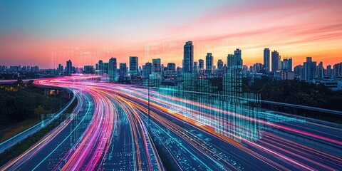 City highway at sunset, overlaid with digital data