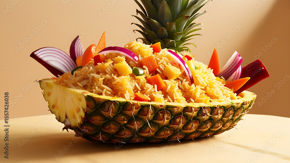 Poster exotic presentation of fried rice with mixed vegetables and red onion in a hollowed-out pineapple sh