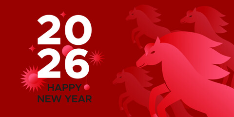 2026 New Year greeting banner with red horse on a red background. Year of the Fire Horse greeting banner.