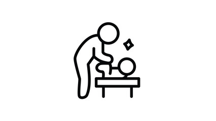 Baby icon line drawing of person cleaning shiny rattle. Suitable for baby products, parenting blogs, childcare resources, and nursery decor.