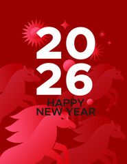 2026 New Year greeting card with red horse on a red background. Year of the Fire Horse greeting card.