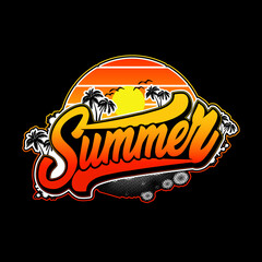 Typography vibrant summer t-shirt design. Retro beach vibes and tropical fun with plam trees, sunset, birds and gradient color Custom black t-shirt design. Vector illustration.