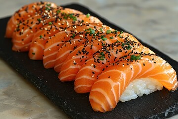 Fresh salmon sashimi on a dark slate platter, topped with sesame seeds and green onions