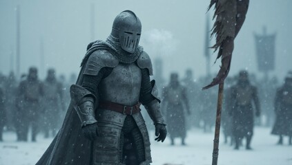Fototapeta premium Armored warrior standing in a snowy landscape with other figures