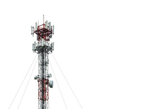 Cellular communication tower with antennas isolated on transparent background