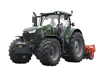 Obraz premium Modern green agricultural tractor with rotary tiller isolated on transparent background
