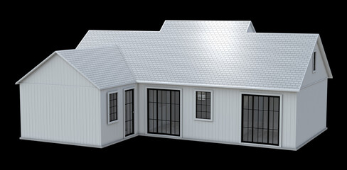 White cottage mockup with large windows. 3d illustration isolated on black
