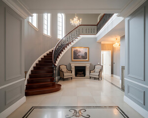 An Elegant two-story foyer with curved staircase, marble floors, ornate details, modern-classic design, warm lighting, and balanced composition.