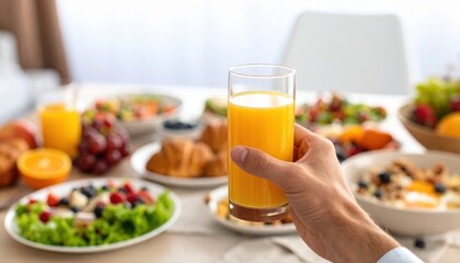 Hand Holding Glass Of Orange Juice Amidst Breakfast Spread