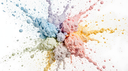 Obraz premium Colorful powder explosion captured mid-air on a white background