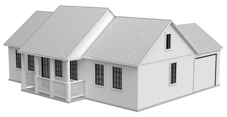 White cottage mockup with porch and gable window. 3d illustration transparent background
