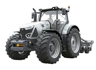 Modern green agricultural tractor with rotary tiller isolated on transparent background