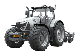 Modern green agricultural tractor with rotary tiller isolated on transparent background